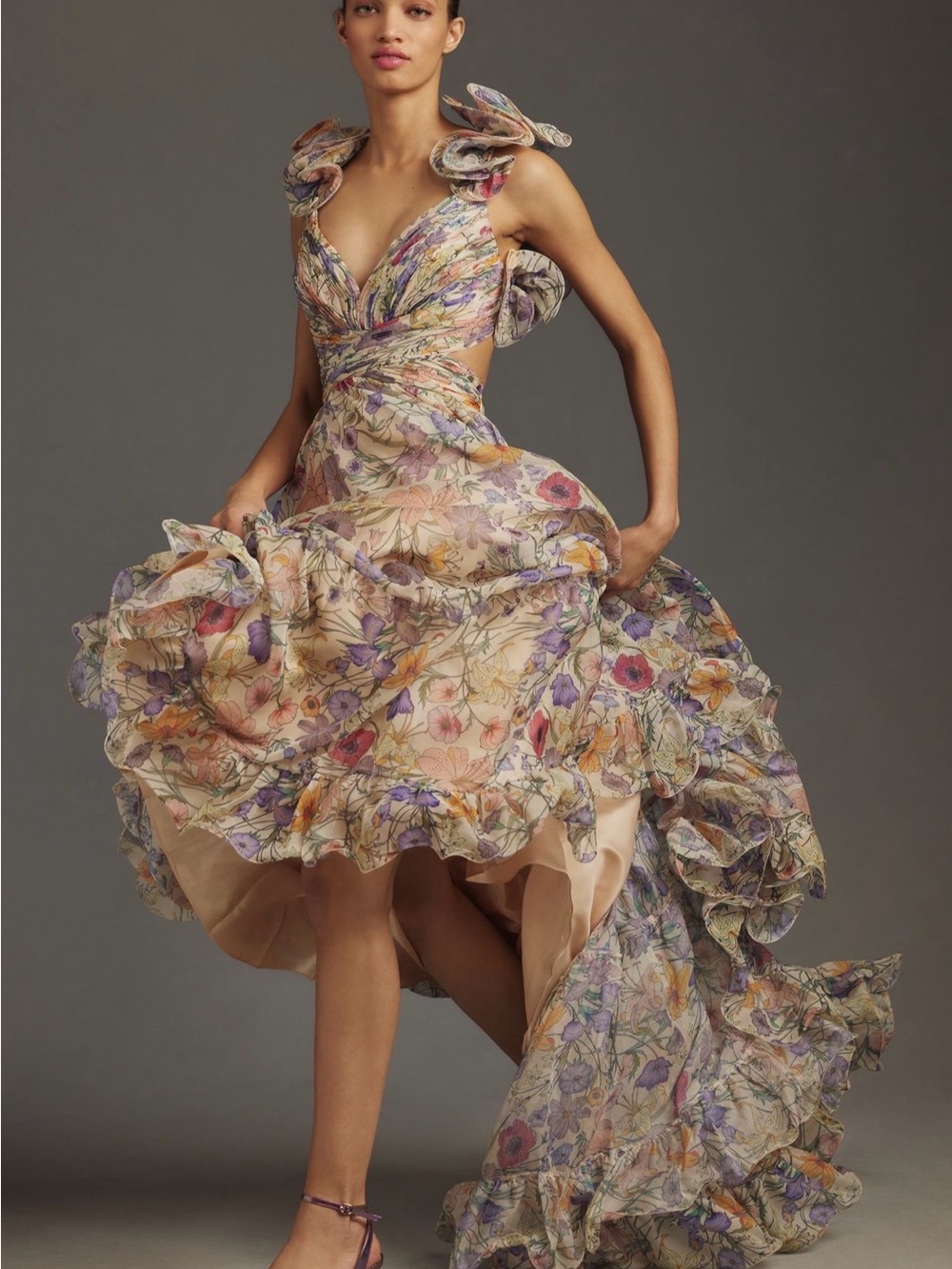 Mac Duggal Ruffle-Sleeve V-Neck Tiered Chiffon Maxi Dress - size 6 - Picture 5 of 9